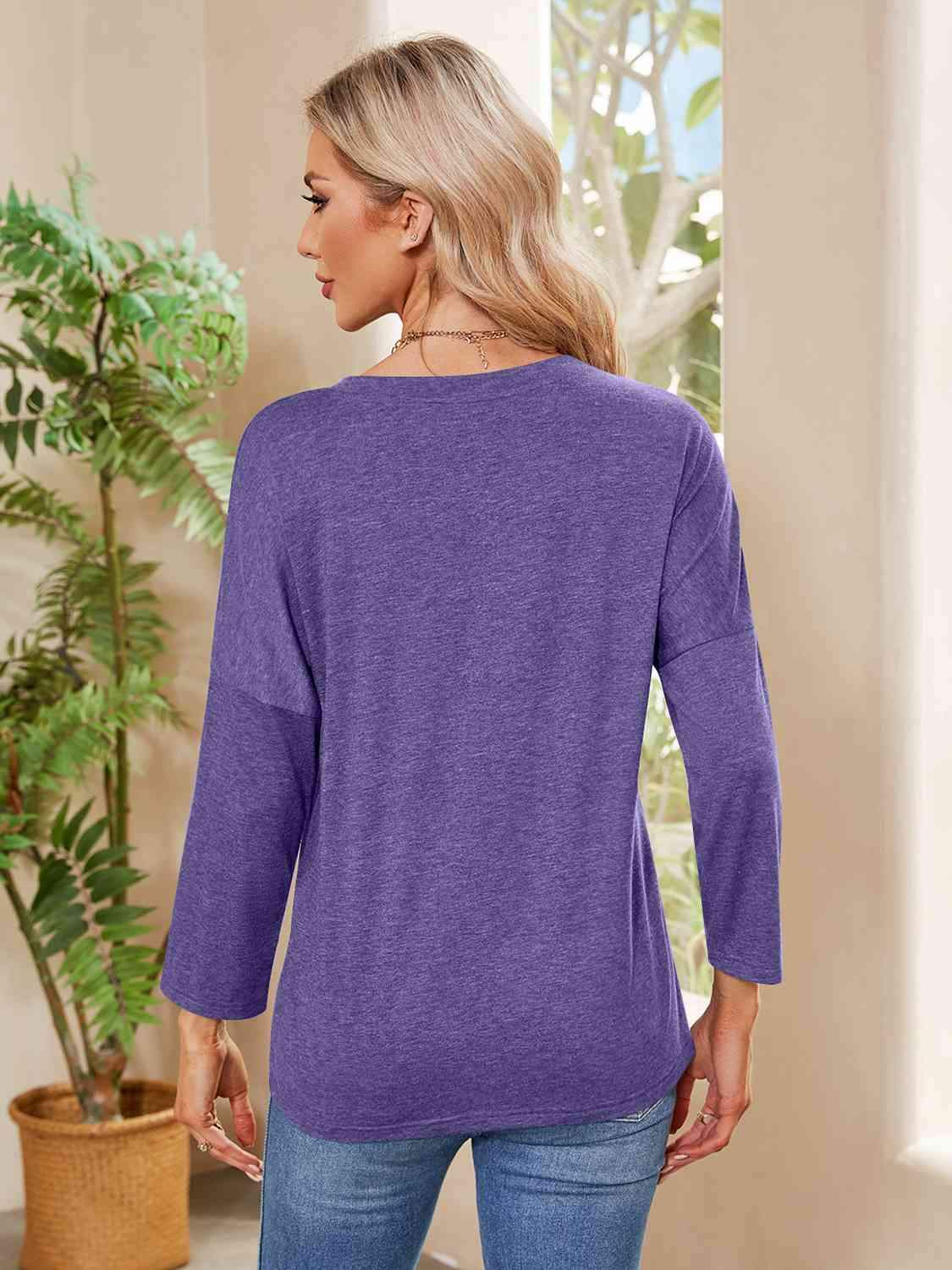 Round Neck Long Sleeve Drop Shoulder Blouse Blouses - Tophatter Daily Deals