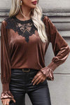 Lace Detail Round Neck Smocked Flounce Sleeve Blouse Blouses - Tophatter Daily Deals