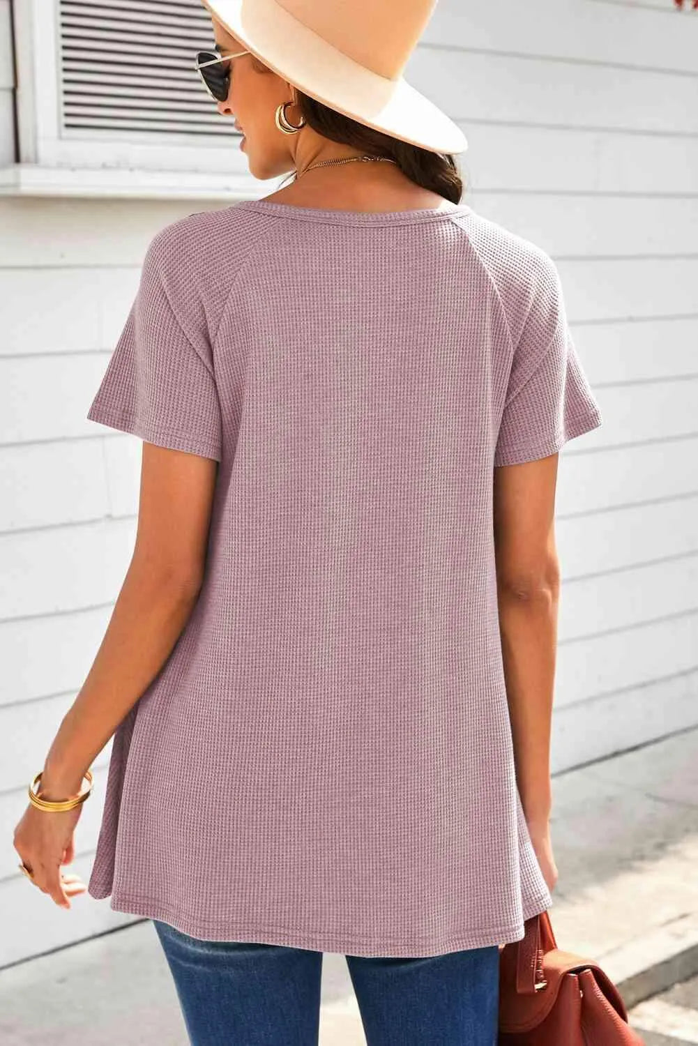 Lace Trim Waffle-Knit V-Neck Top Blouses - Tophatter Daily Deals