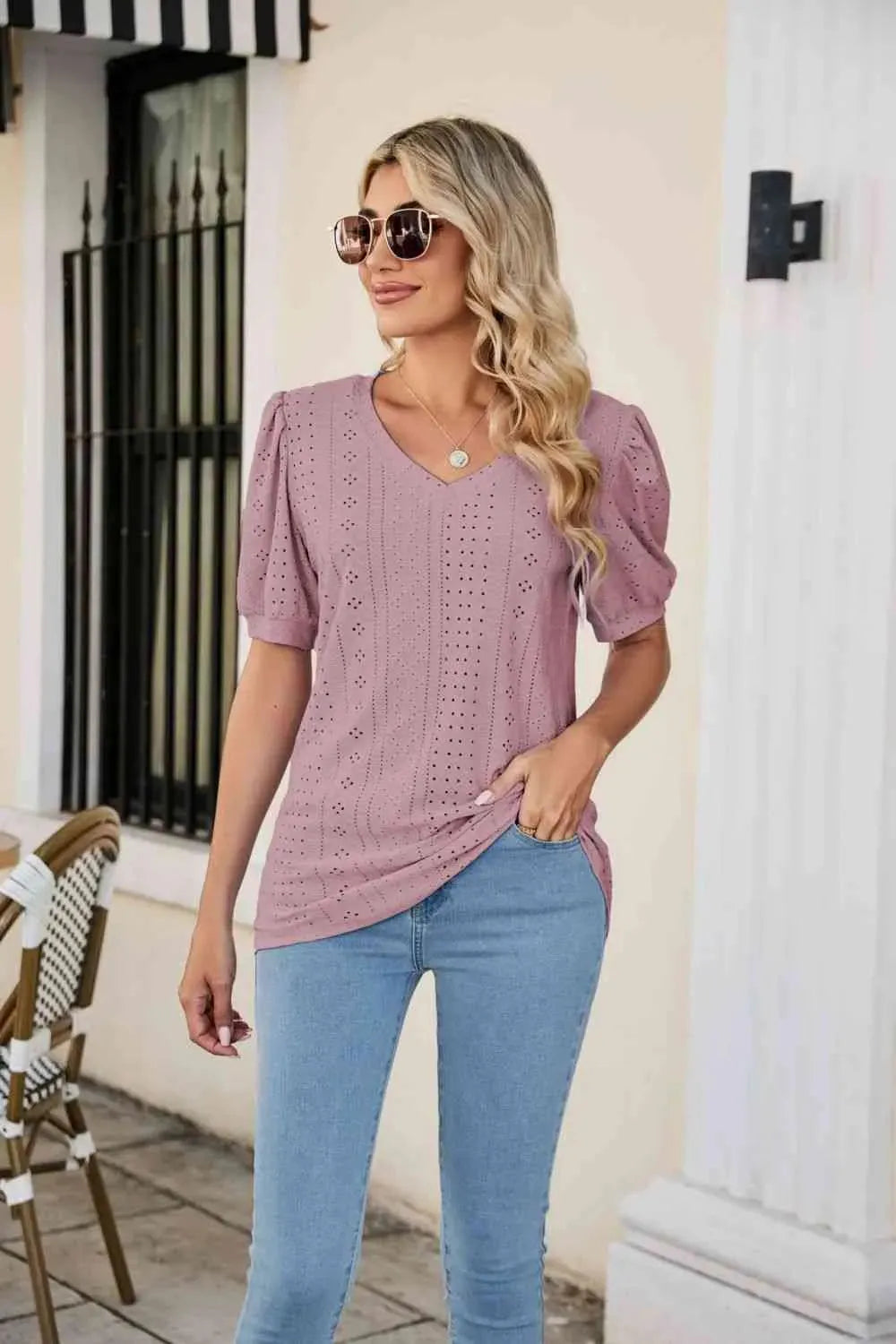 Eyelet Puff Sleeve V-Neck Top Blouses - Tophatter Daily Deals