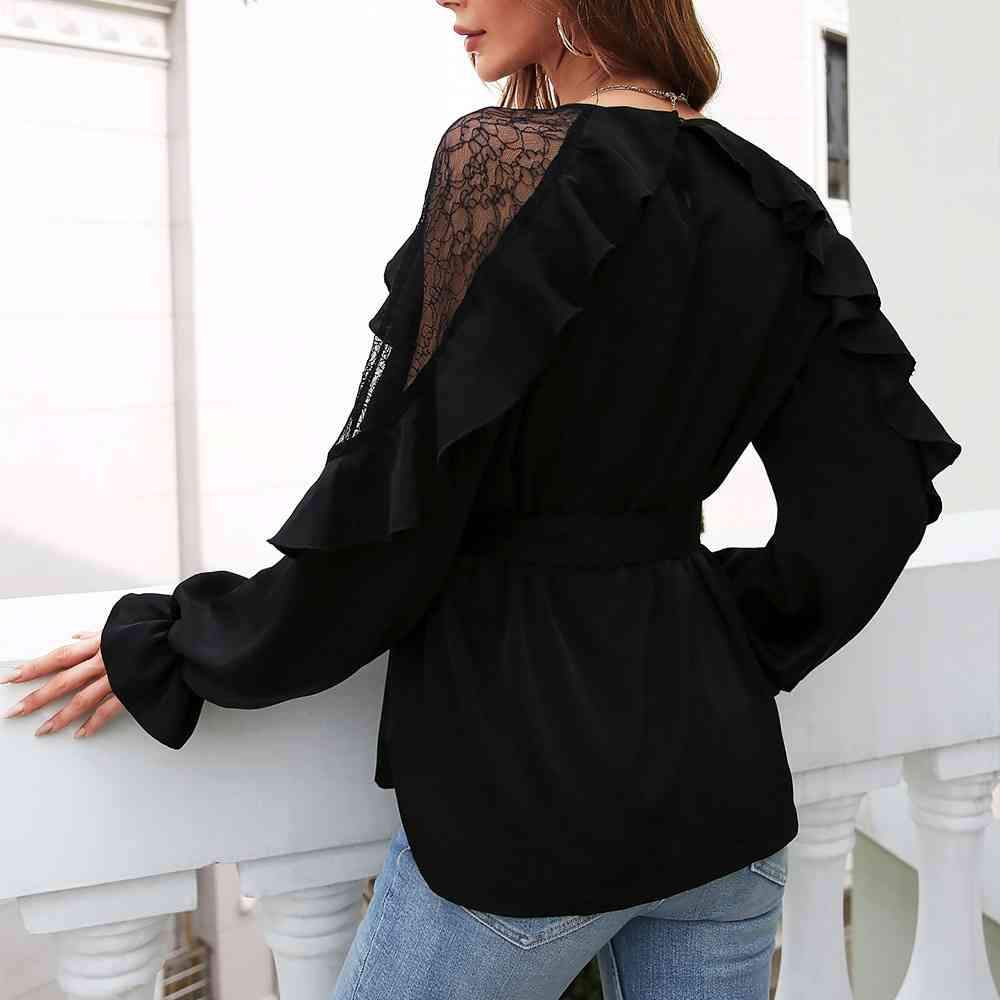 Round Neck Front Tie Flounce Sleeve Lace Cap Blouse Blouses - Tophatter Daily Deals