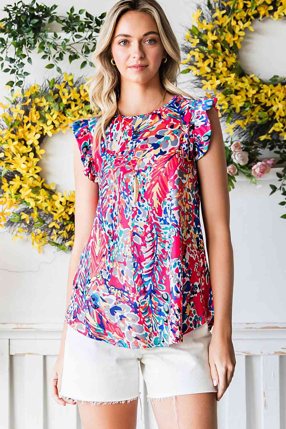 Abstract Print Ruffle Shoulder Top - Tophatter Deals