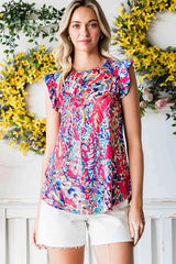 Abstract Print Ruffle Shoulder Top Blouses - Tophatter Daily Deals