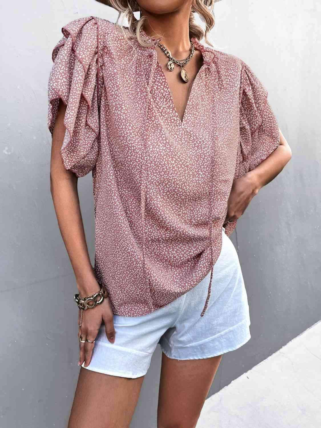 Printed Flutter Sleeve V-Neck Top Blouses - Tophatter Daily Deals