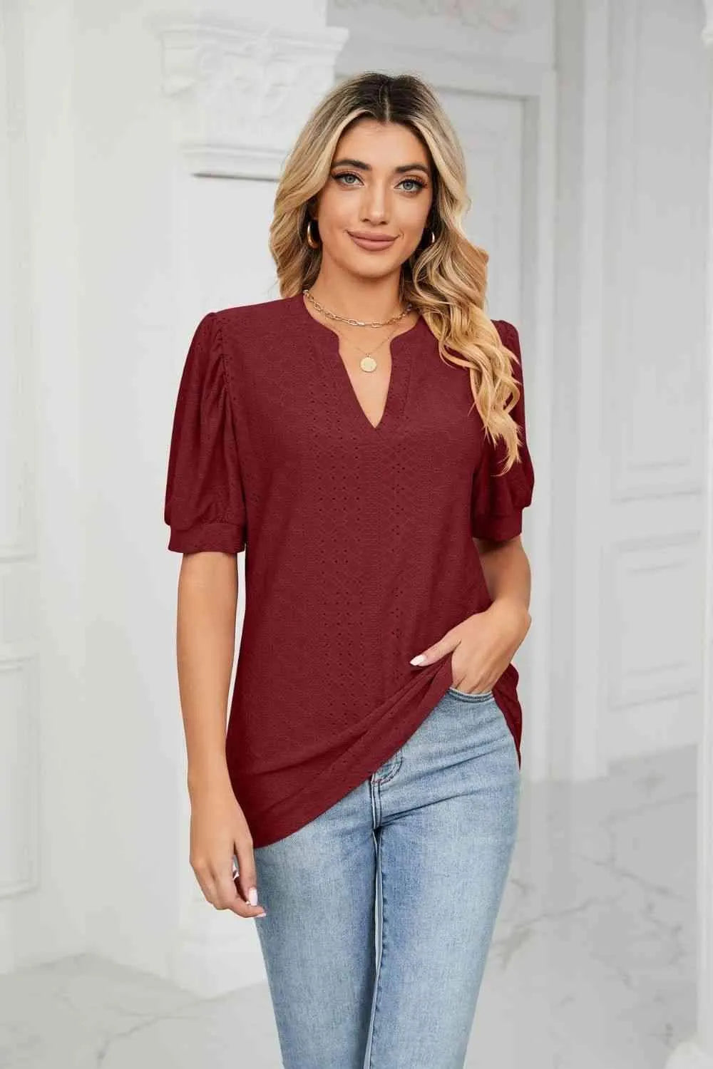 Eyelet Short Puff Sleeve Notched Neck Top Wine Blouses - Tophatter Daily Deals