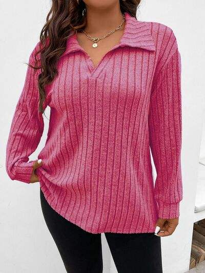 Plus Size Ribbed Johnny Collar Long Sleeve T-Shirt Deep Rose Women's T-Shirts - Tophatter Daily Deals