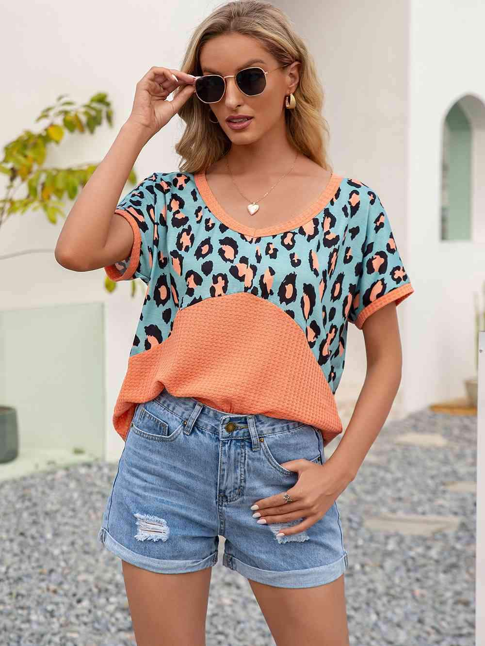 Leopard Waffle-Knit Short Sleeve Top Tangerine Women's T-Shirts - Tophatter Daily Deals