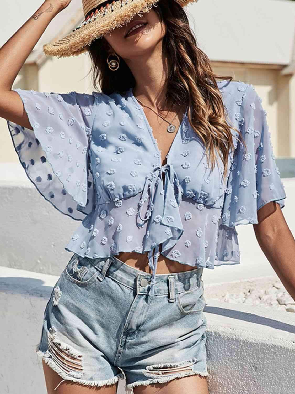 Swiss Dot Tied Flutter Sleeve Cropped Blouse Blouses - Tophatter Daily Deals