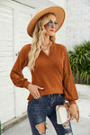 Waffle-Knit Spliced Lace Notched Top Blouses - Tophatter Daily Deals