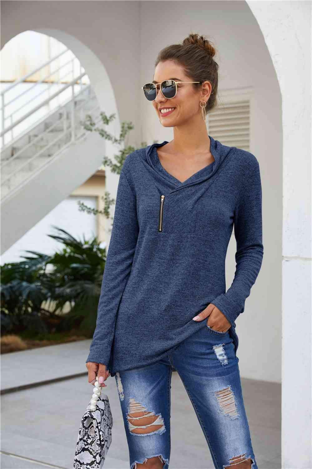 Zip Detail Long Sleeve Top French Blue Blouses - Tophatter Daily Deals