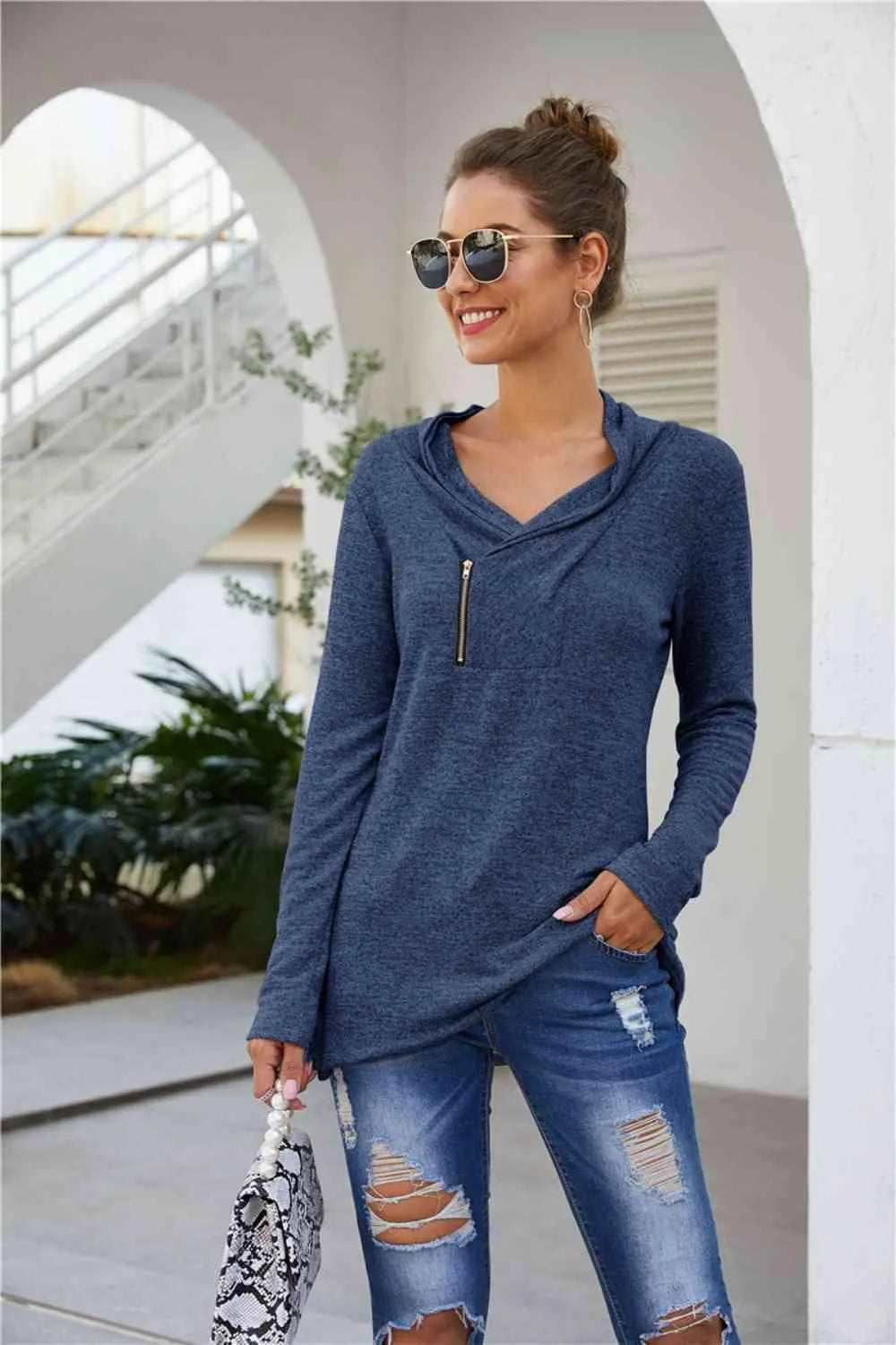 Zip Detail Long Sleeve Top French Blue Blouses - Tophatter Daily Deals