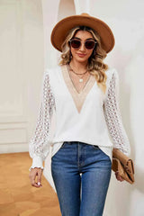 Contrast V-Neck Long Sleeve Blouse Blouses - Tophatter Daily Deals