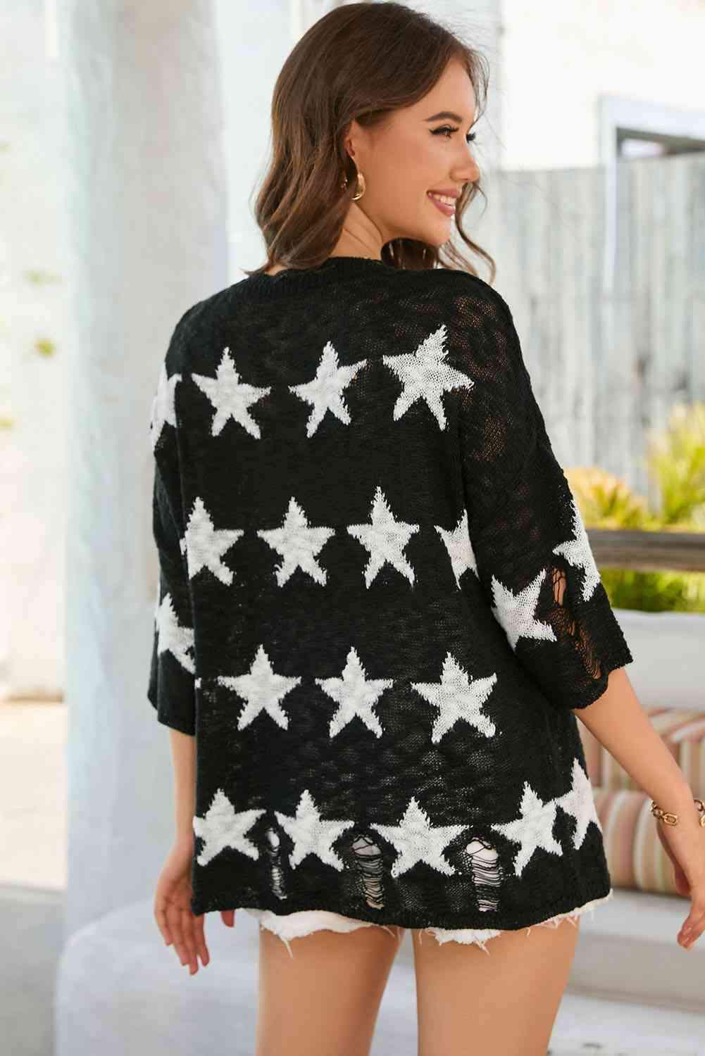 Star Pattern Round Neck Distressed Top Blouses - Tophatter Daily Deals