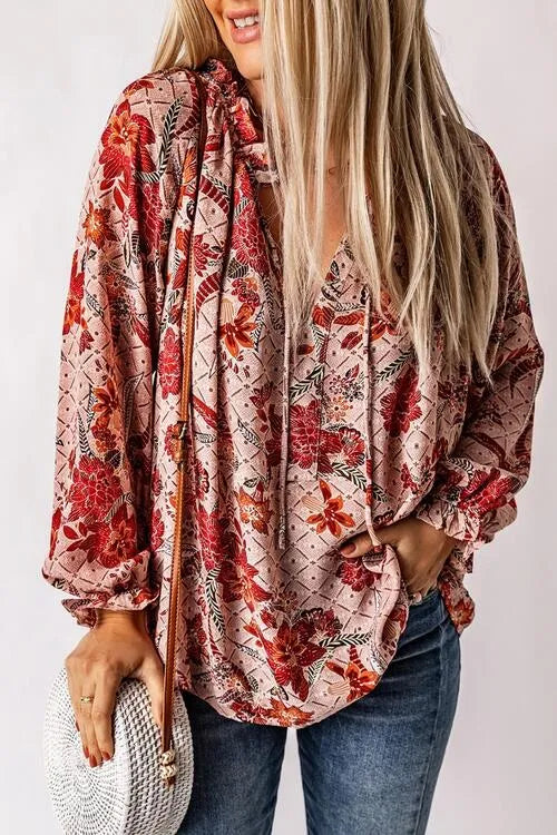 Floral Tie Neck Flounce Sleeve Blouse Blouses - Tophatter Daily Deals