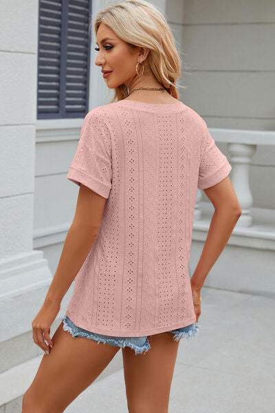 Eyelet V-Neck Short Sleeve T-Shirt Women's T-Shirts - Tophatter Daily Deals