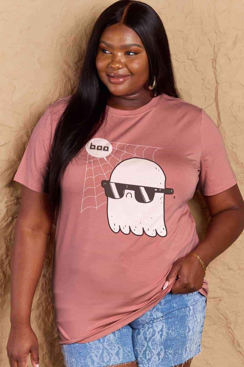 Simply Love Full Size BOO Graphic Cotton T-Shirt Dusty Pink Women's T-Shirts - Tophatter Daily Deals