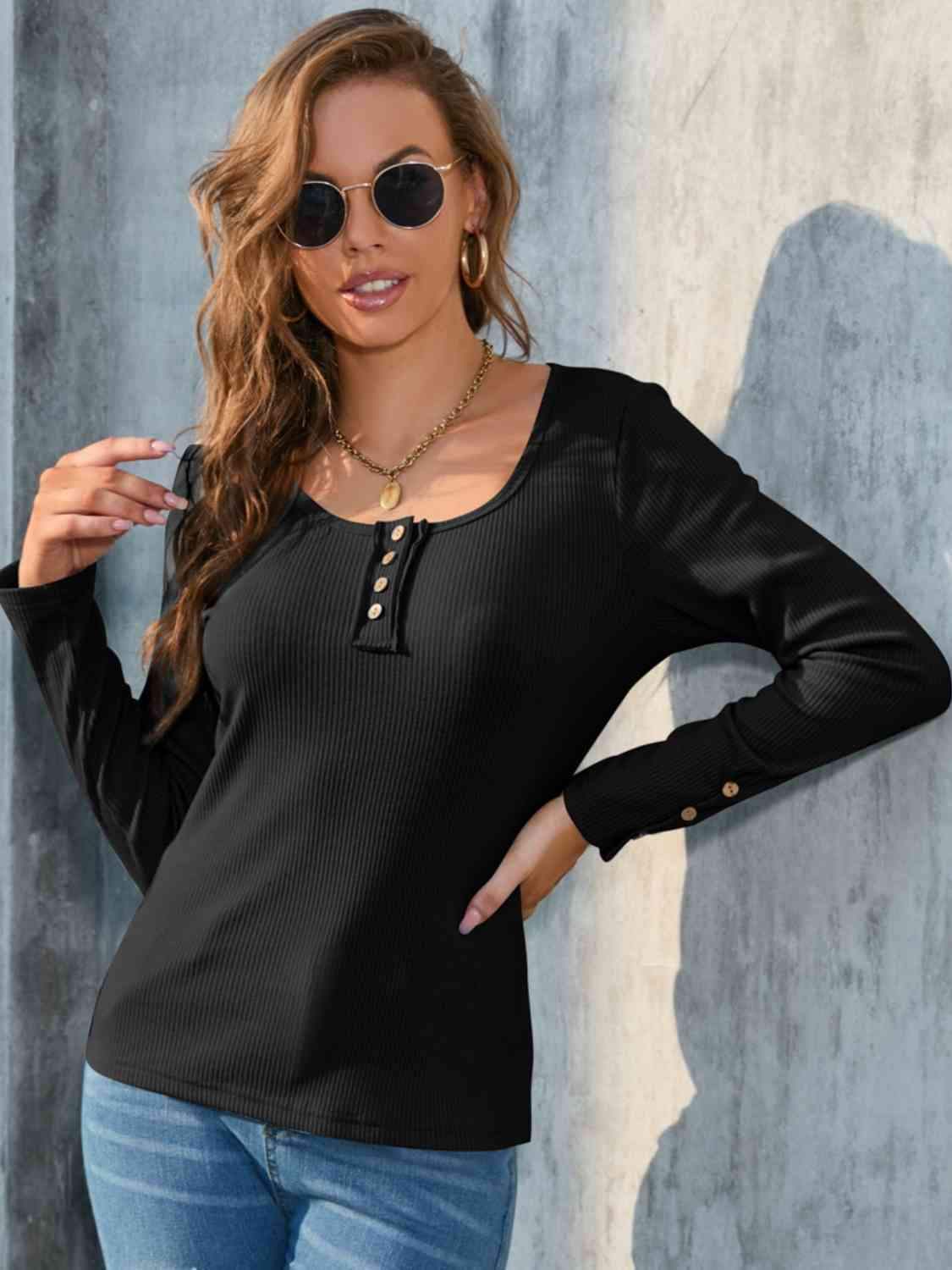 Buttoned Round Neck Long Sleeve T-Shirt Women's T-Shirts - Tophatter Daily Deals