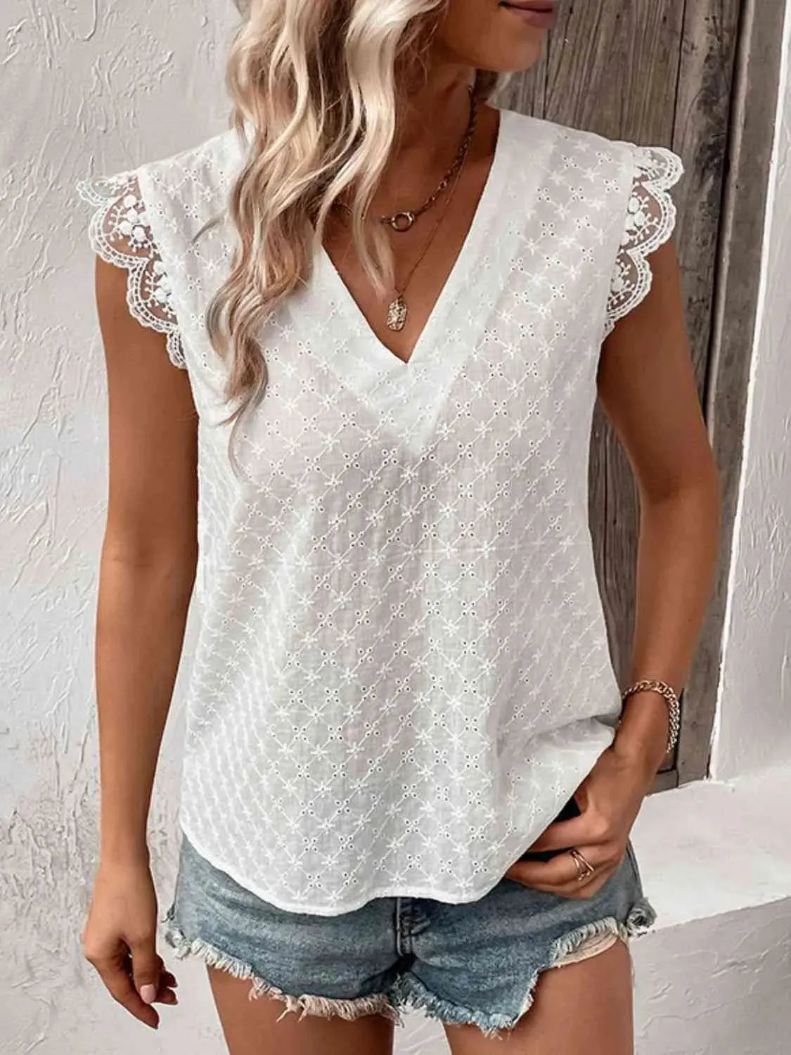 V-Neck Cap Sleeve Spliced Lace Top White Blouses - Tophatter Daily Deals