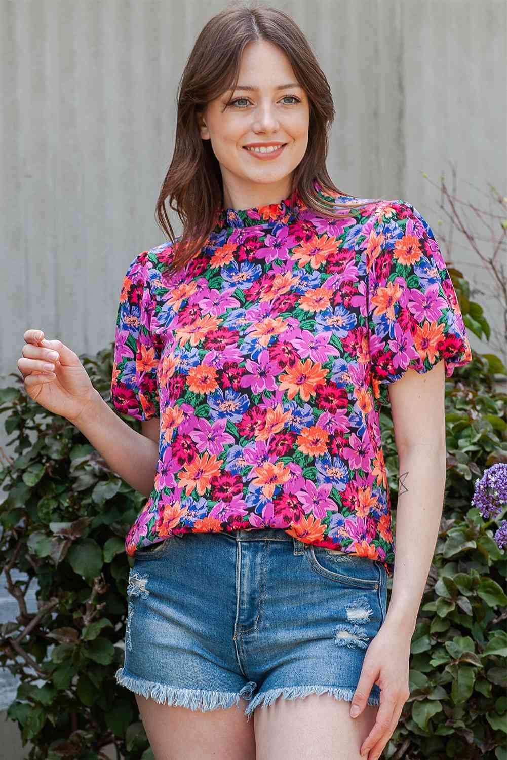 Floral Print Puff Sleeve Round Neck Blouse Blouses - Tophatter Daily Deals