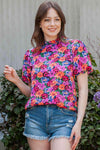 Floral Print Puff Sleeve Round Neck Blouse Blouses - Tophatter Daily Deals