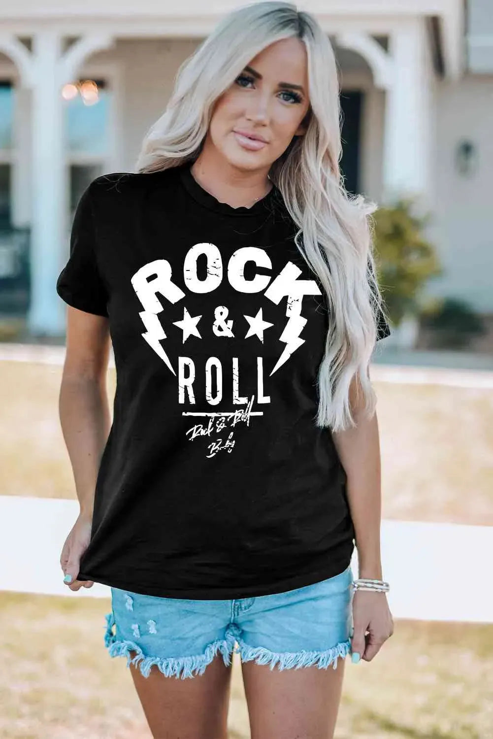 ROCK & ROLL Graphic Round Neck Short Sleeve Tee Women's T-Shirts - Tophatter Daily Deals