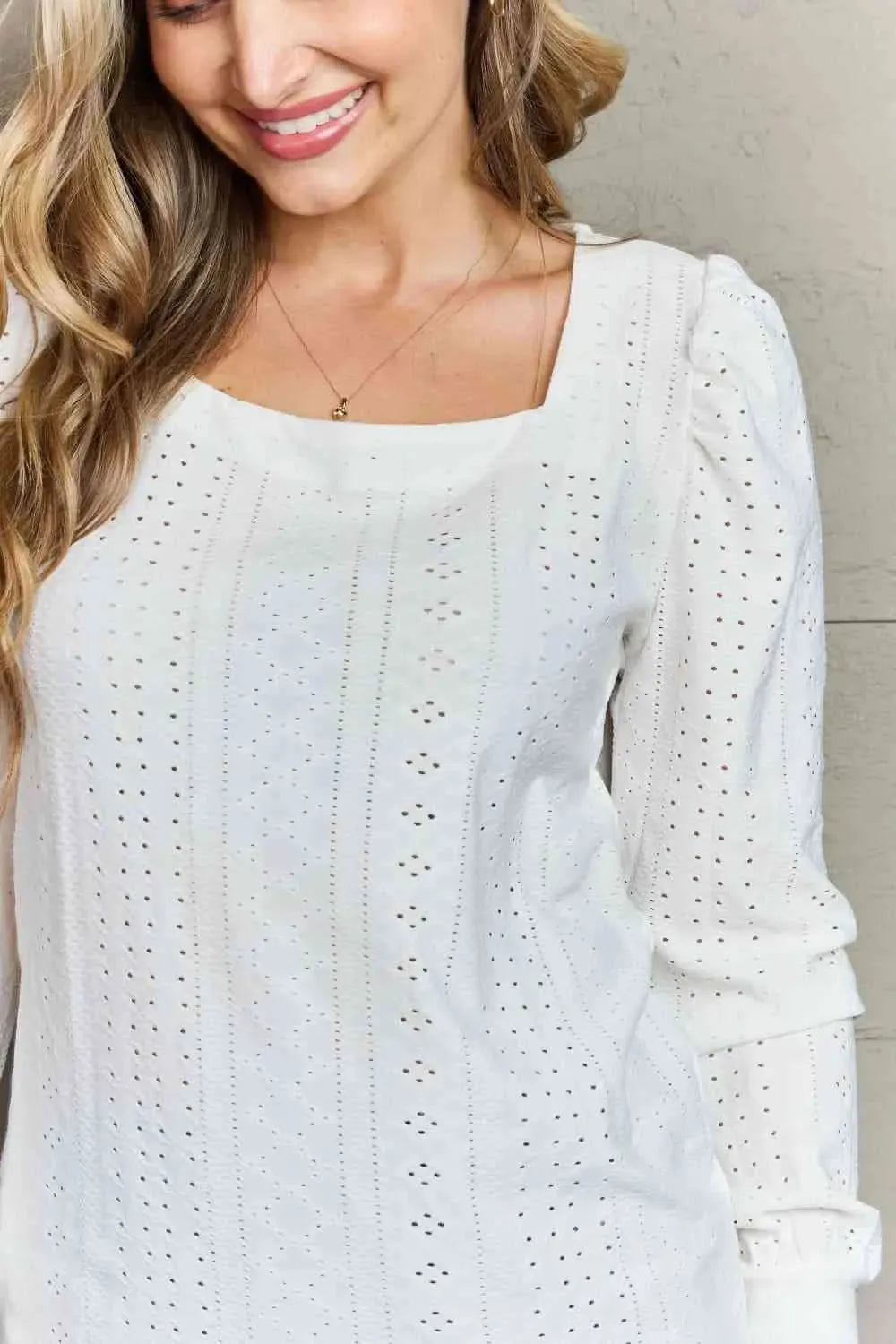 Double Take Eyelet Square Neck Puff Sleeve Blouse Blouses - Tophatter Daily Deals