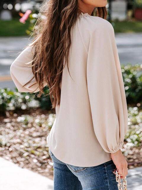 Notched Neck Long Sleeve Blouse Blouses - Tophatter Daily Deals