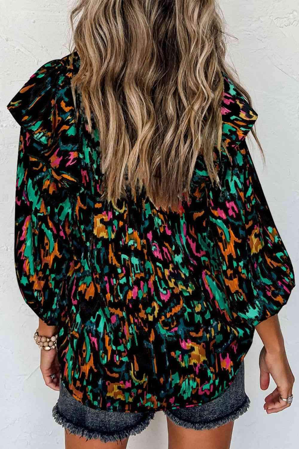 Printed Nochted Neck Ruffled Blouse Blouses - Tophatter Daily Deals