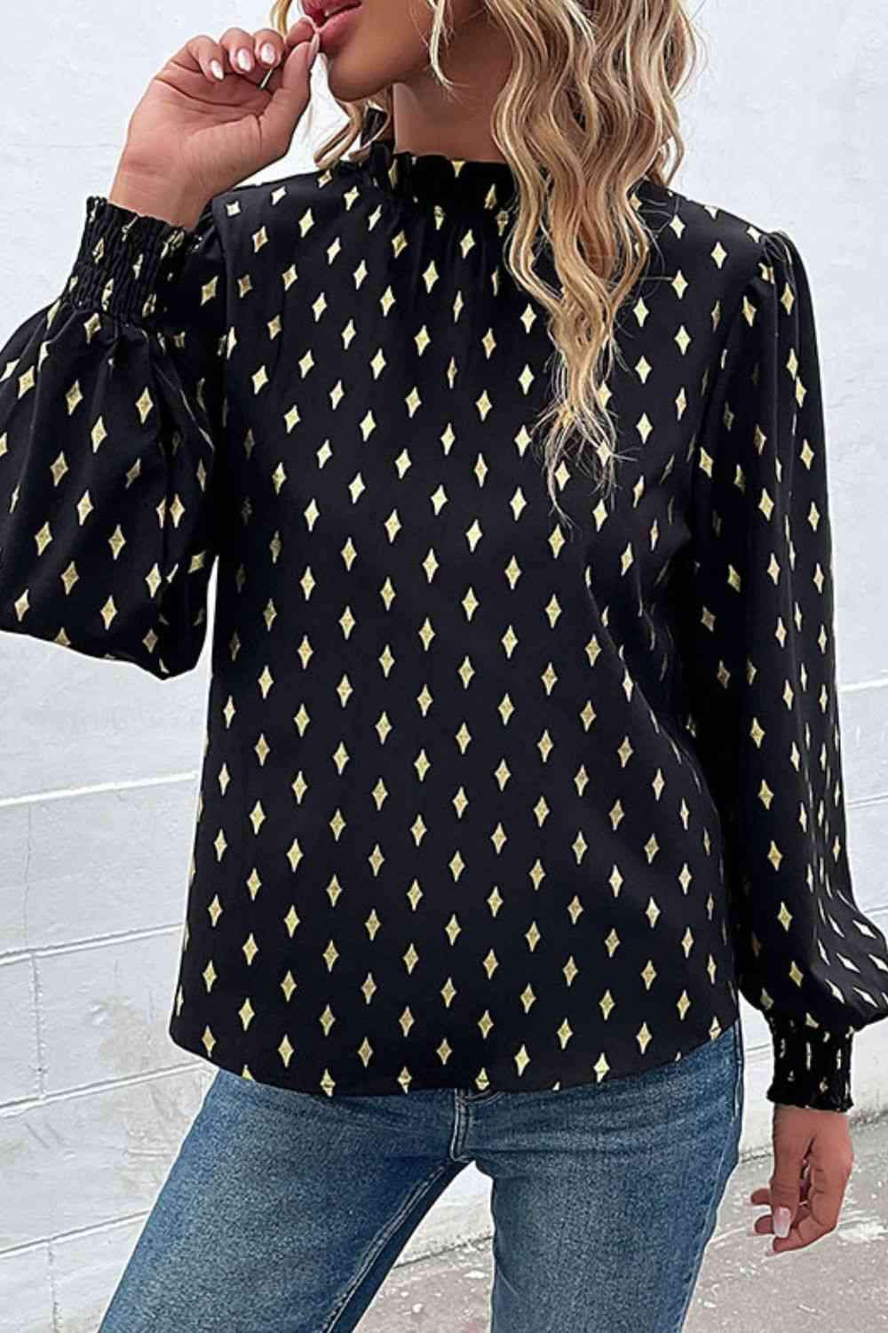 Geometric Print Frill Neck Lantern Sleeve Blouse Blouses - Tophatter Daily Deals