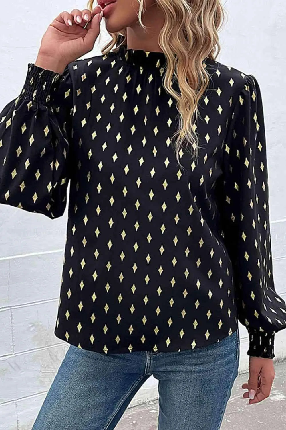 Geometric Print Frill Neck Lantern Sleeve Blouse Blouses - Tophatter Daily Deals