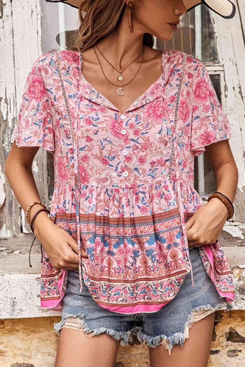 Bohemian Decorative Button Tie-Neck Peplum Blouse Floral Blouses - Tophatter Daily Deals