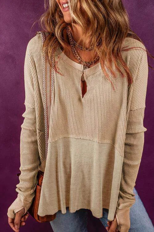 Notched Neck Long Sleeve Slit Blouse Beige Blouses - Tophatter Daily Deals