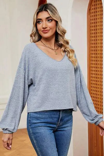 V-Neck Dropped Shoulder T-Shirt Misty Blue Women's T-Shirts - Tophatter Daily Deals