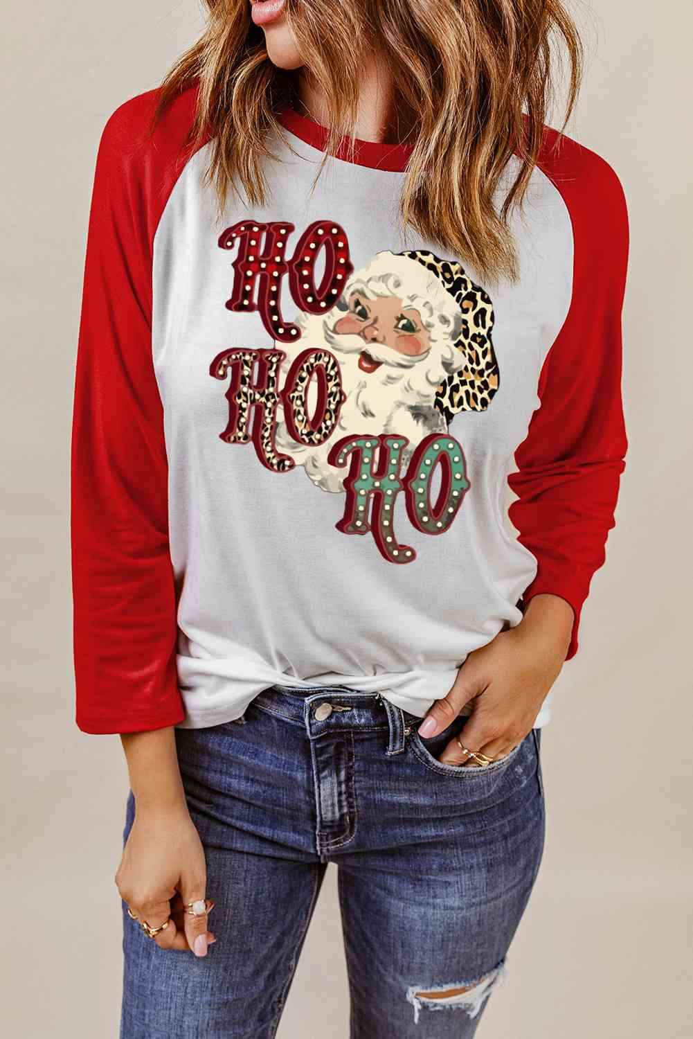 Santa Graphic Raglan Sleeve T-Shirt Women's T-Shirts - Tophatter Daily Deals