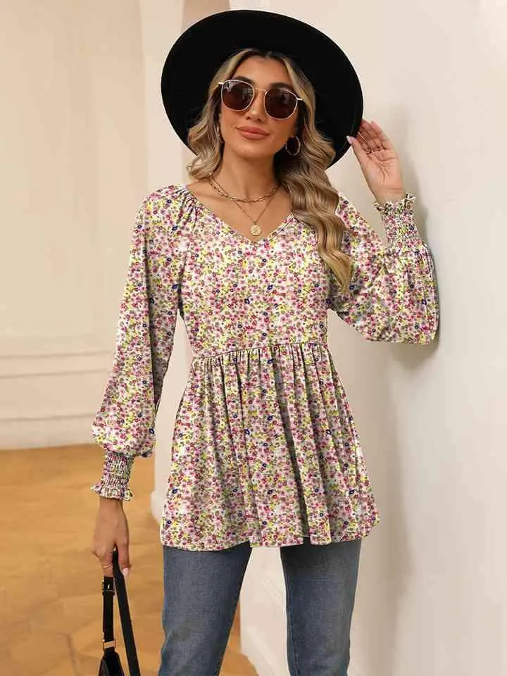 Printed V-Neck Lantern Sleeve Blouse Peach Blouses - Tophatter Daily Deals