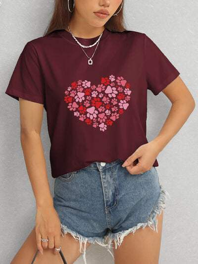 Heart Round Neck Short Sleeve T-Shirt Women's T-Shirts - Tophatter Daily Deals