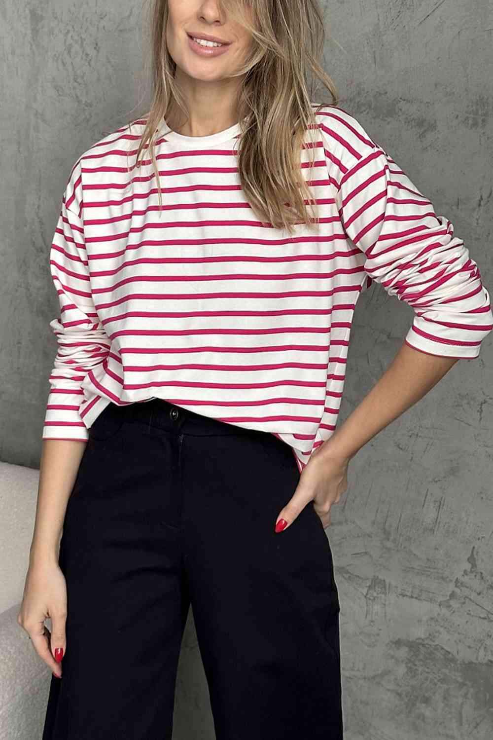 Round Neck Striped Dropped Shoulder T-Shirt Deep Rose Women's T-Shirts - Tophatter Daily Deals