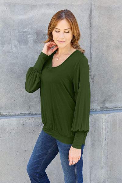 Basic Bae Full Size V-Neck Lantern Sleeve Blouse Blouses - Tophatter Daily Deals