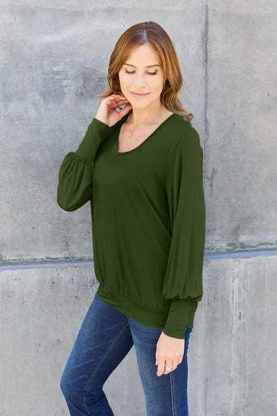 Basic Bae Full Size V-Neck Lantern Sleeve Blouse Blouses - Tophatter Daily Deals