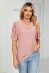 Eyelet Short Puff Sleeve Notched Neck Top Mauve Blouses - Tophatter Daily Deals