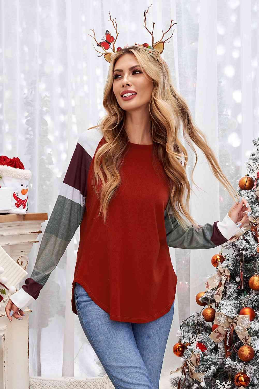 Double Take Color Block Curved Hem Long Sleeve Tee Women's T-Shirts - Tophatter Daily Deals