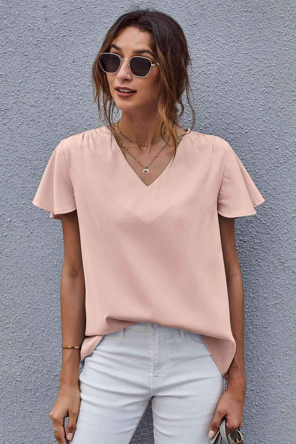 V-Neck Flutter Sleeve Blouse Blouses - Tophatter Daily Deals