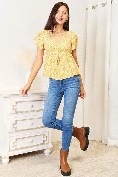 Double Take Floral Petal Sleeve Babydoll Top Blouses - Tophatter Daily Deals