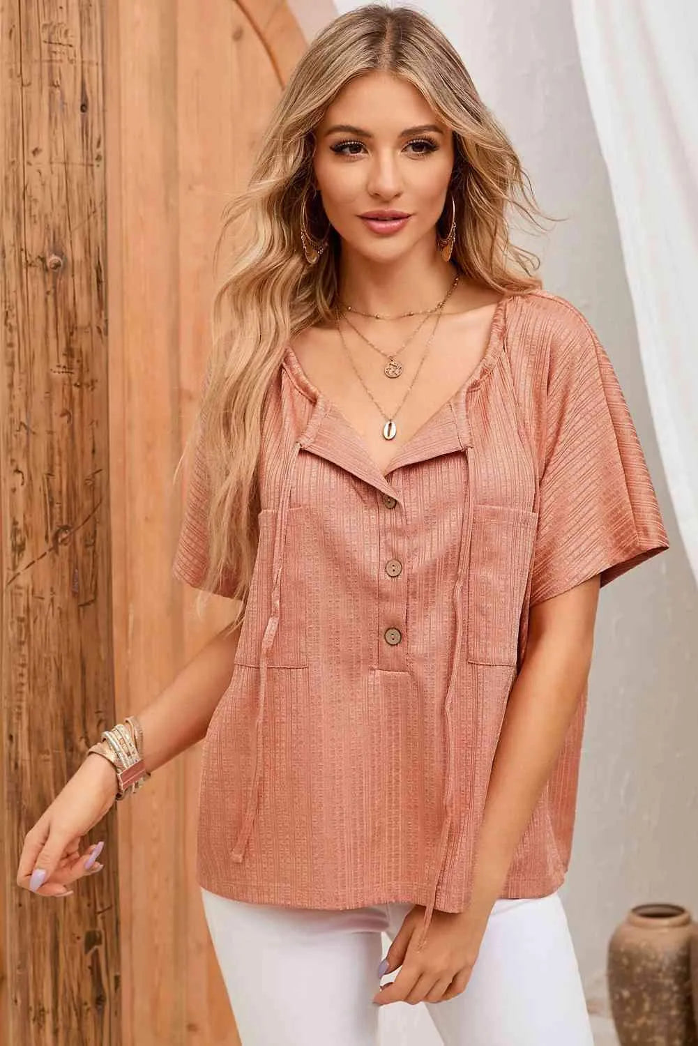 Tied Round Neck Buttoned Top Blouses - Tophatter Daily Deals