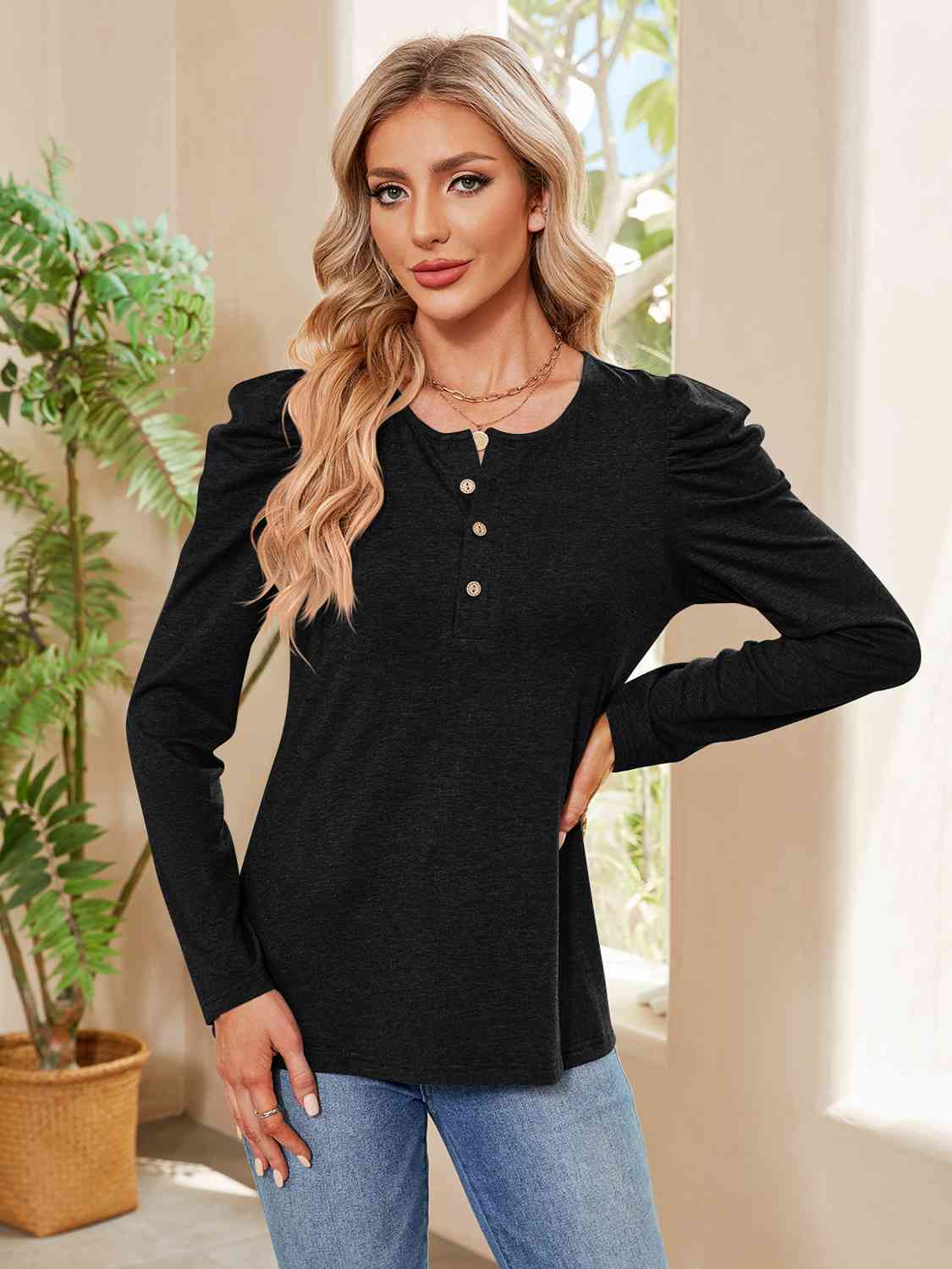 Buttoned Round Neck Puff Sleeve T-Shirt Black Women's T-Shirts - Tophatter Daily Deals