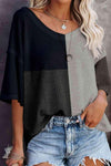 Color Block V-Neck Waffle-Knit Blouse Black Blouses - Tophatter Daily Deals