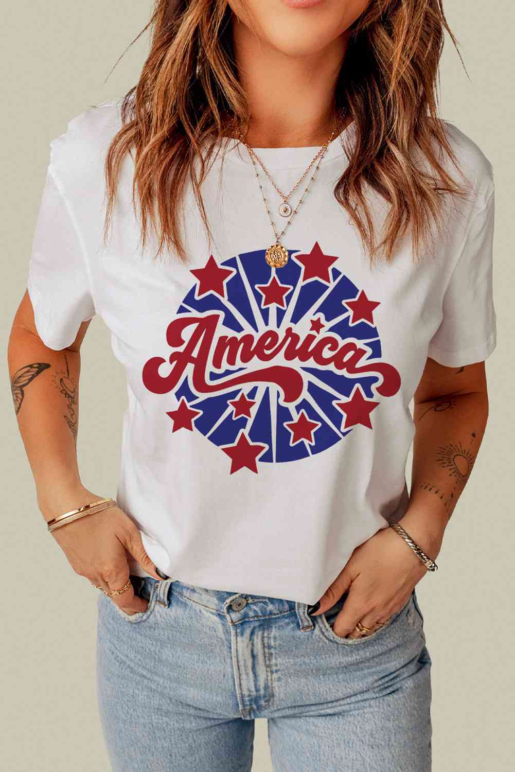 AMERICA Star Graphic Round Neck Tee White Women's T-Shirts - Tophatter Daily Deals