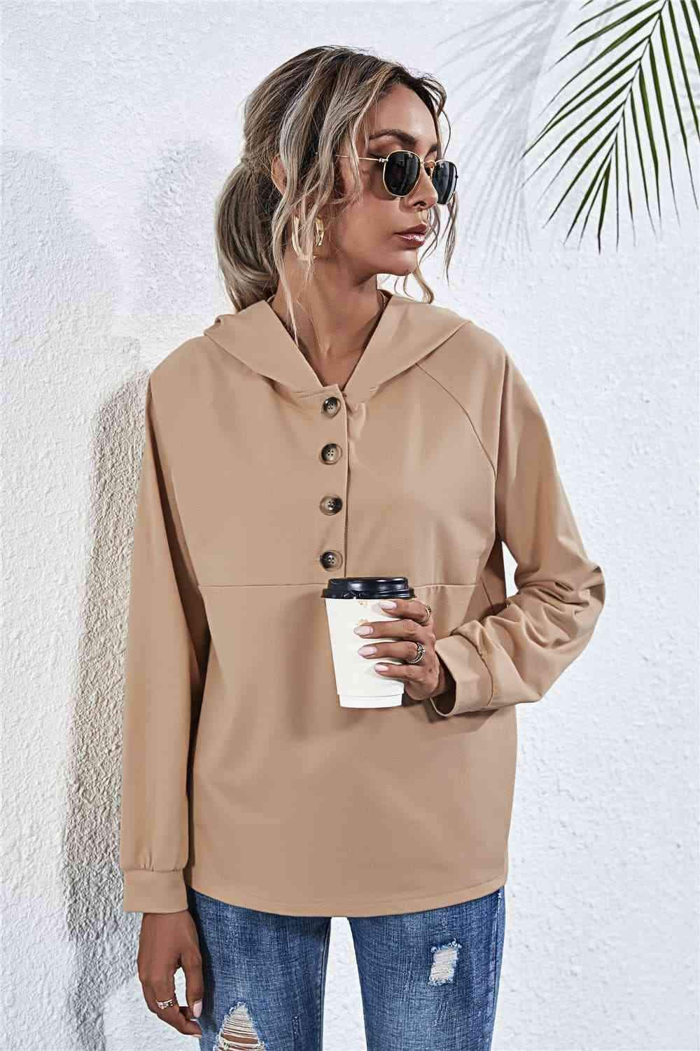 Buttoned Raglan Sleeve Hooded Blouse Blouses - Tophatter Daily Deals