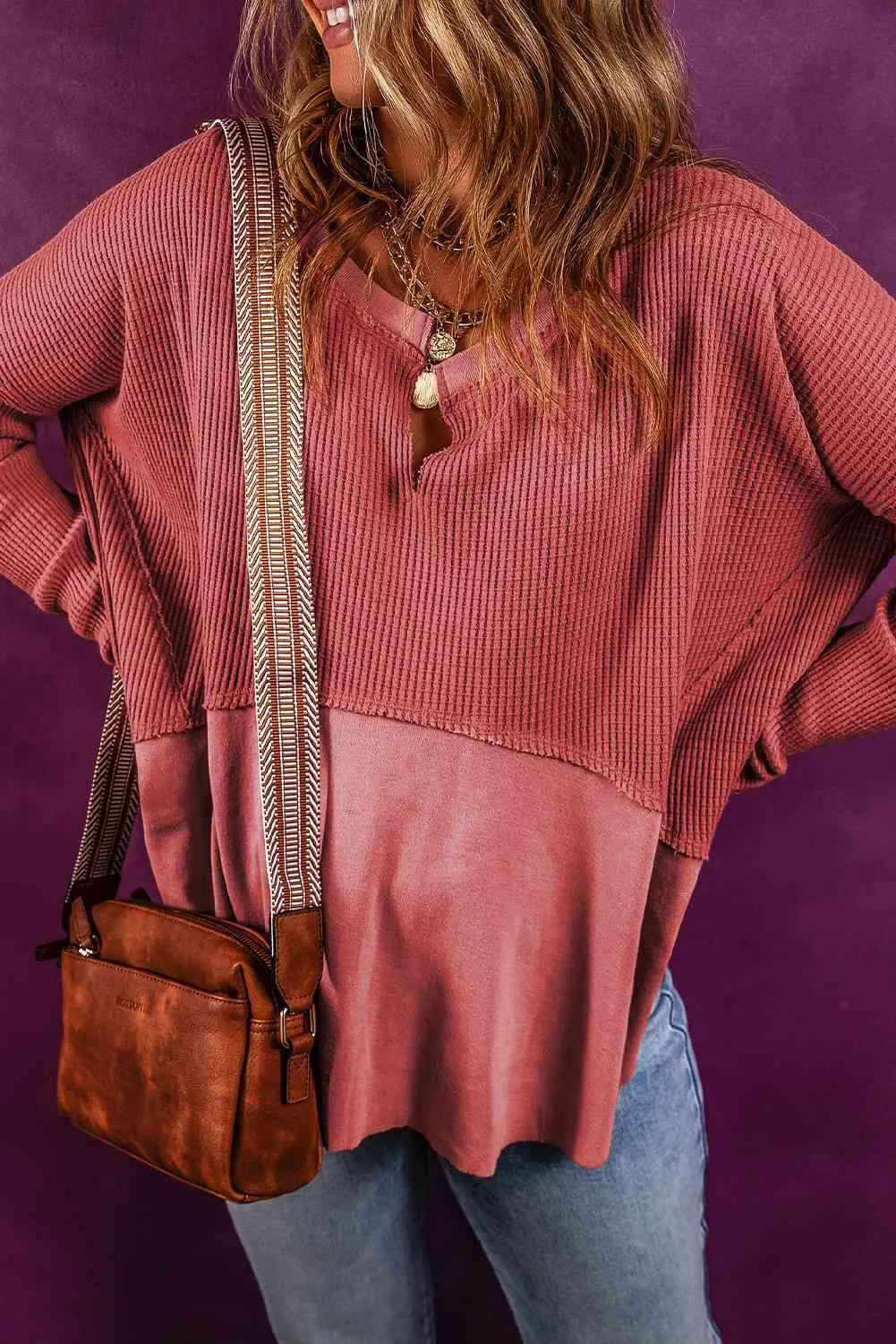 Notched Neck Long Sleeve Slit Blouse Blouses - Tophatter Daily Deals