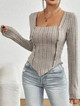 Ribbed Decorative Button Long Sleeve T-Shirt Women's T-Shirts - Tophatter Daily Deals